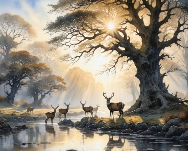 Serene Landscape with Deer by Tranquil River at Sunrise