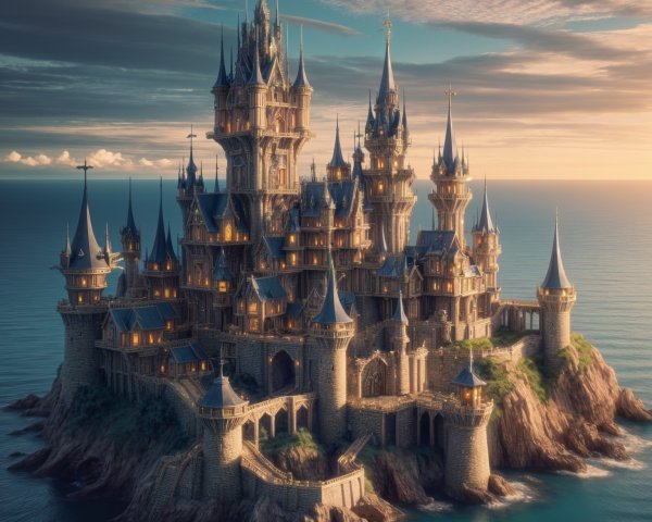 Majestic Castle on Rocky Island at Sunset