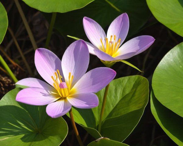 Pink Water Lilies on Green Lily Pads in Sunlight