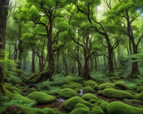 Lush Forest Scene with Trees and Gentle Stream