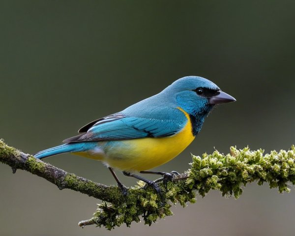 Brightly Colored Bird on Moss-Covered Branch