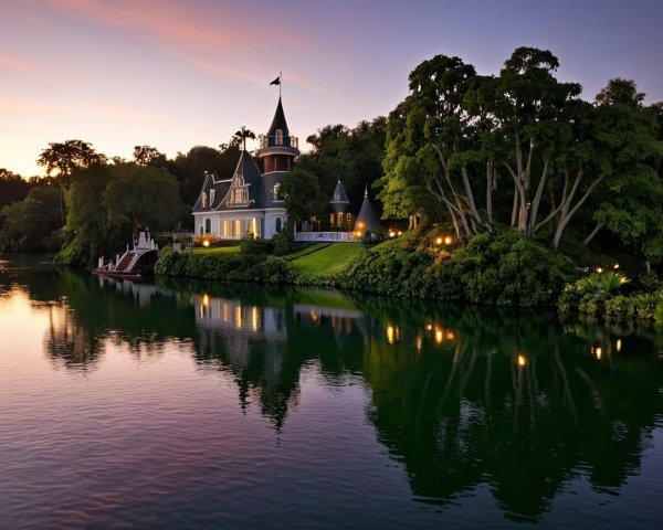 Lakeside Mansion with Turret at Twilight Scene