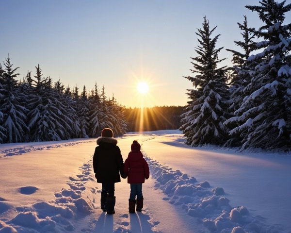 Children Walking on a Snowy Path at Sunset