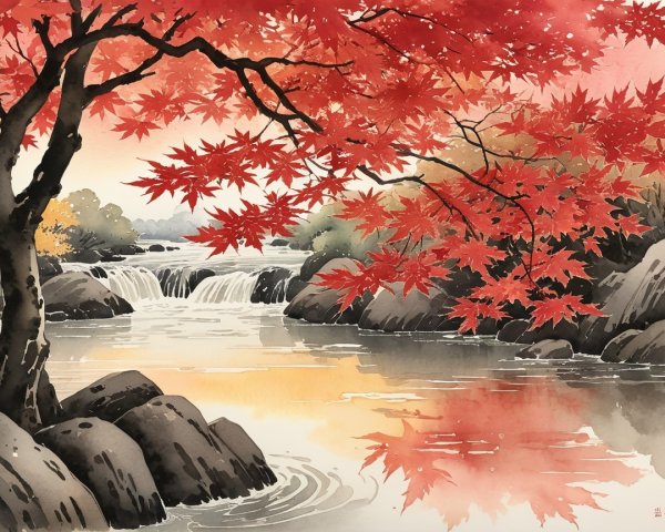 Tranquil River Landscape with Autumn Maple Leaves
