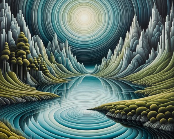 Surreal Landscape with Mountains, Trees, and Lake