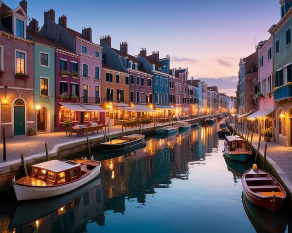 Pastel Canal with Charming Buildings and Boats at Dusk