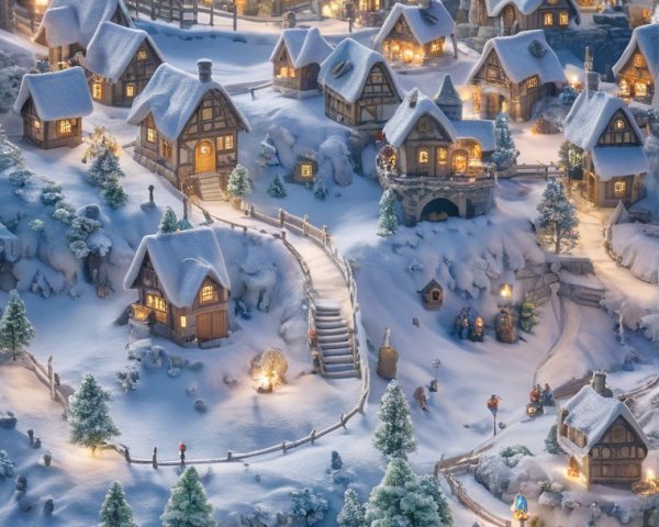 Whimsical Snowy Village with Wooden Houses and Lights
