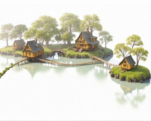 Serene Island Landscape with Wooden Houses and Bridges