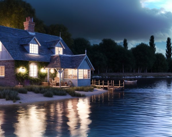 Charming Cottage by Tranquil Lake with Lantern Light