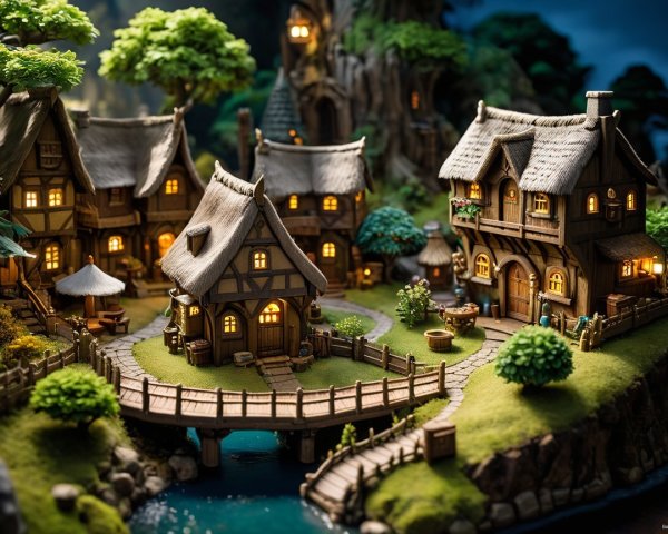 Miniature village by a serene river with cottages
