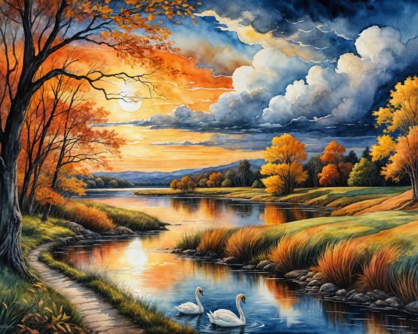 Tranquil Landscape with Sunset and Serene River