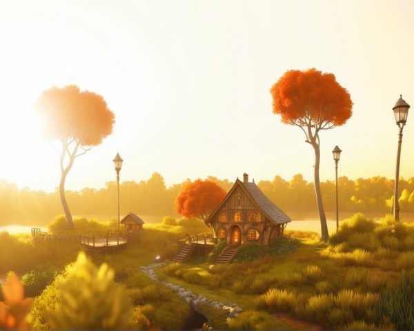 Cottage Surrounded by Autumn Trees at Sunset