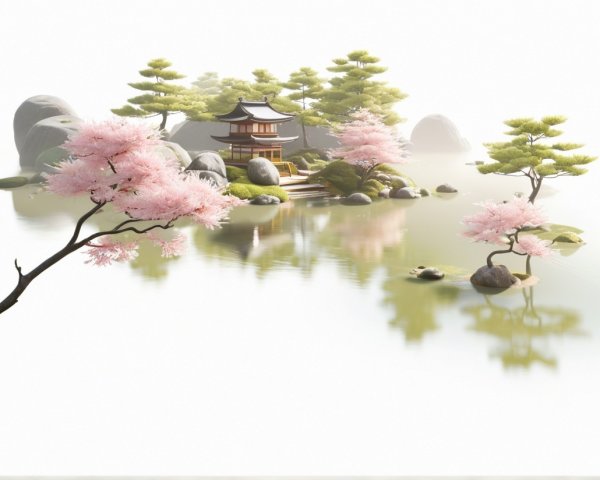 Serene Landscape with Asian Pavilion and Cherry Blossoms