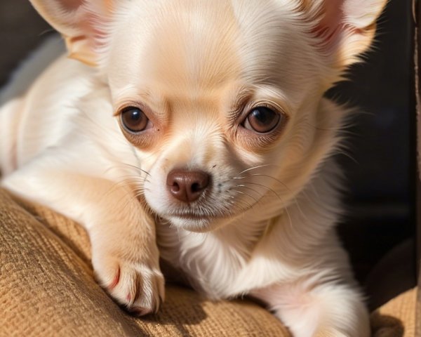 Cream-colored Chihuahua resting on a beige pillow