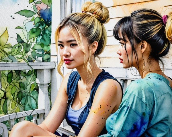 Young women in stylish outfits with artistic backdrop