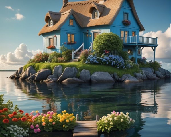 Blue Cottage on Rocky Island Surrounded by Water