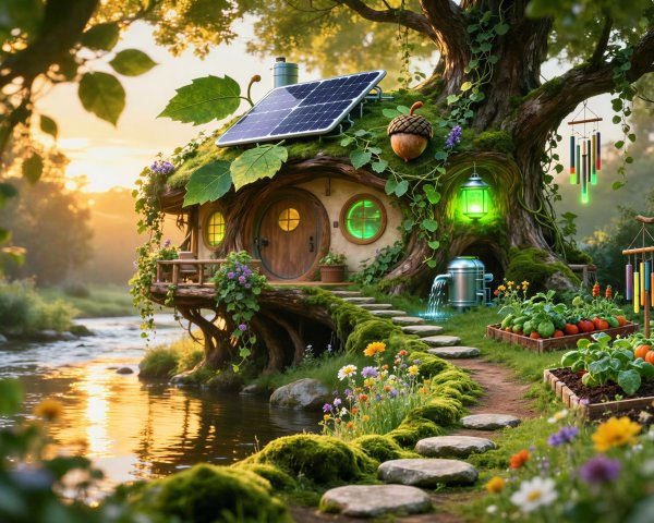 Hobbit House in Tree with Solar Panel and Garden