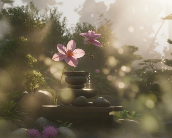 Serene garden scene with tea set and lotus flowers