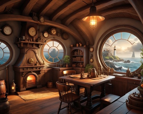 Cozy Rustic Kitchen with Seaside View and Fireplace