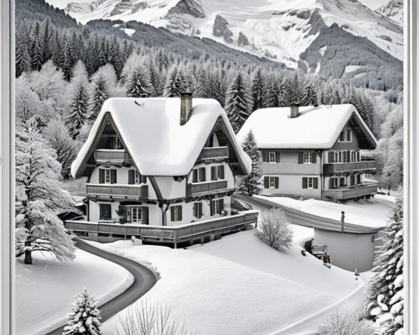 Winter Landscape with Snowy Alpine Houses and Mountains