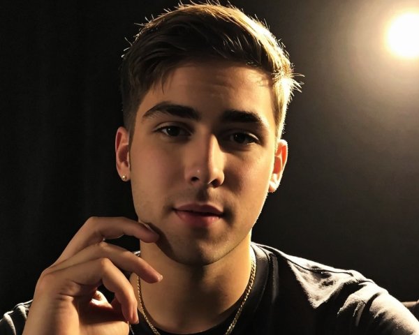 Young man in warm lighting with thoughtful expression