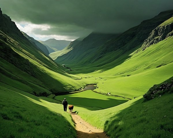 Serene Landscape with Path, Meadows, and Mountains