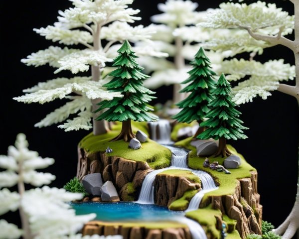 Miniature Landscape with Waterfalls and Tranquil Pond