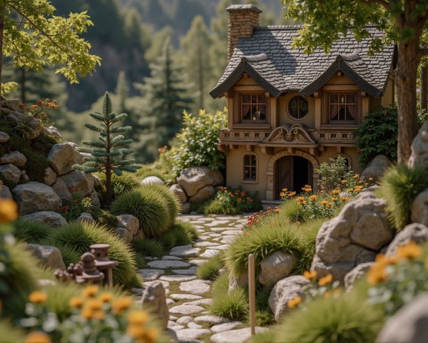 Fairy-Tale Cottage Surrounded by Lush Garden and Sunlight