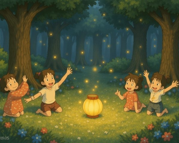 Children in a moonlit forest with fireflies and lantern