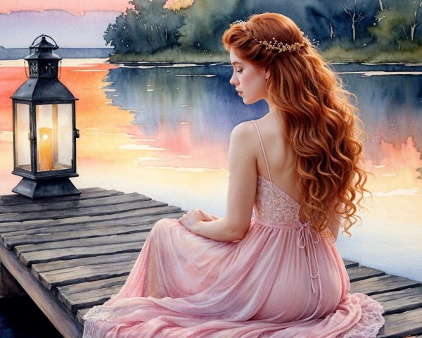 Young Woman in Pink Dress by Tranquil Lake at Sunset