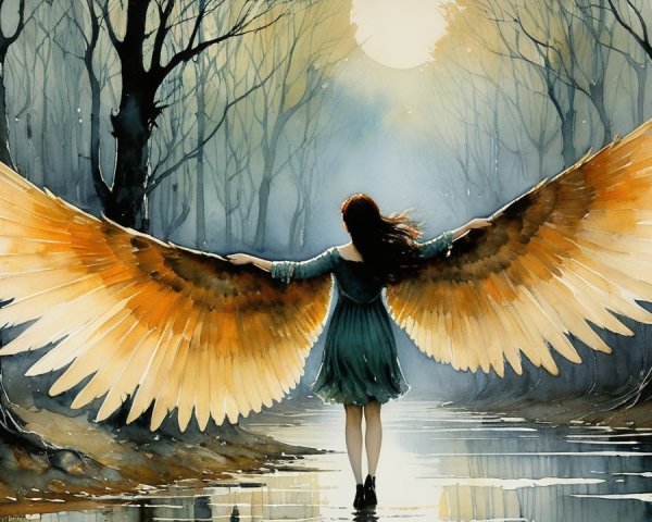 Woman with Wing-Like Arms by Reflective Water