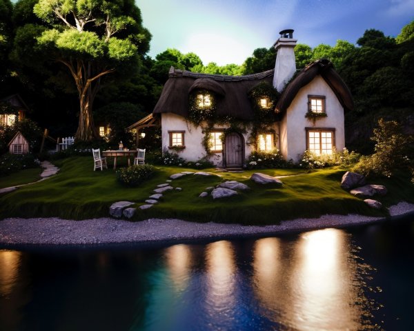 Thatched-Roof Cottage by Serene River with Greenery