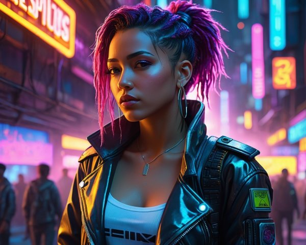 Young Woman in Neon-Lit Urban Alley with Dreadlocks