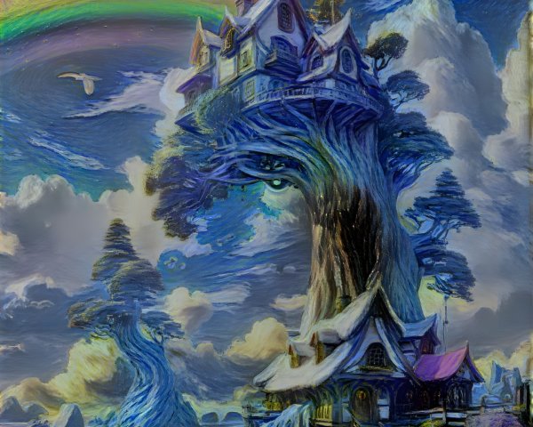 Whimsical House in a Tree Under a Vibrant Rainbow