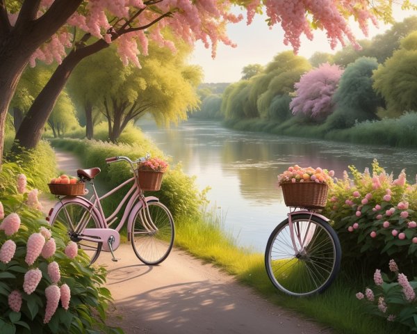 Tranquil River Scene with Lush Greenery and Bicycle