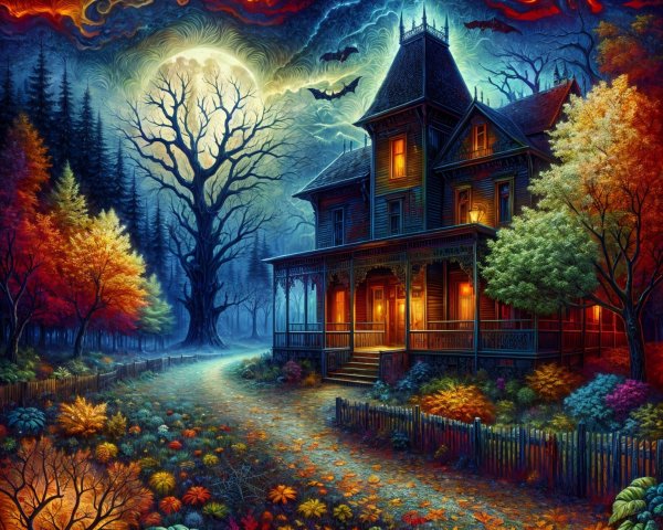 Haunted Victorian House Under Dramatic Night Sky