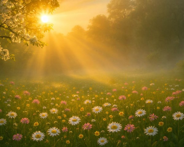 Dreamy Landscape of Colorful Wildflowers and Sun Rays