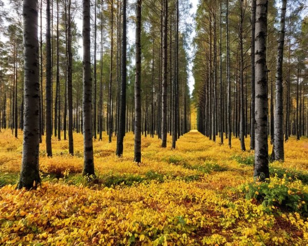 Serene forest scene with autumn leaves and soft light