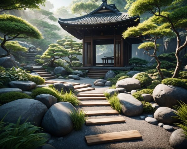 Serene Garden Pathway with Traditional Asian Gazebo