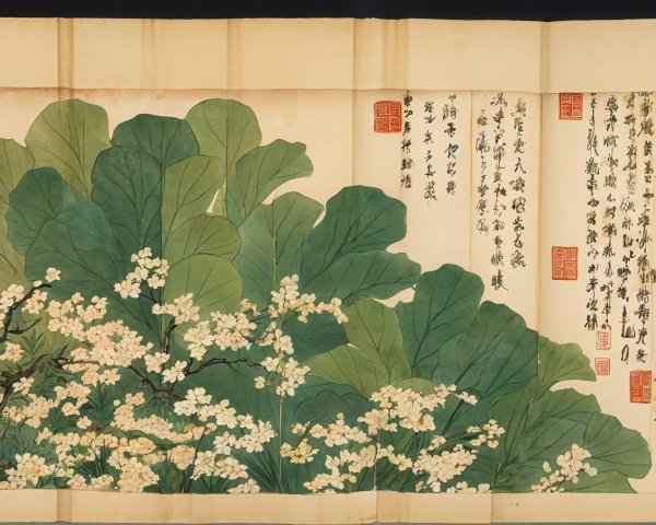 Colorful Illustration of Leaves and White Flowers