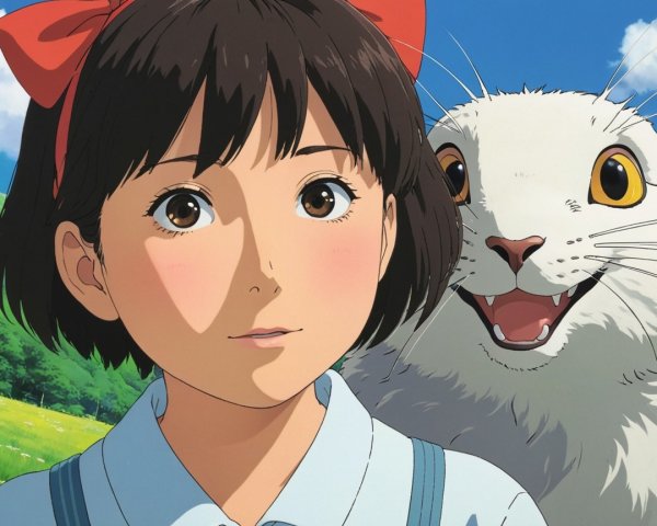 Young girl with rabbit in a whimsical green field