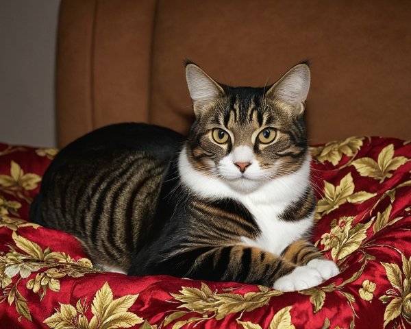 Tabby Cat Resting on Red Floral Blanket