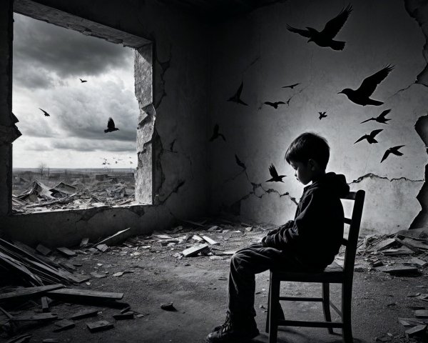 Desolate Room with Silent Boy and Shattered Window