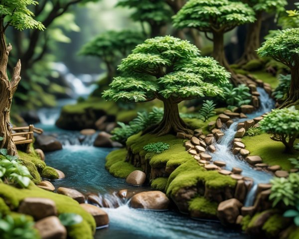 Miniature Landscape with Trees, Stream, and Bridge