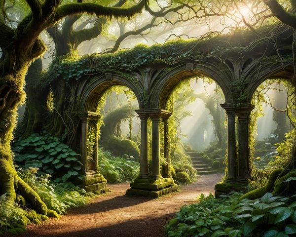 Mystical Forest with Ancient Stone Arches and Sunlight