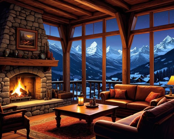 Cozy cabin interior with stone fireplace and mountain views