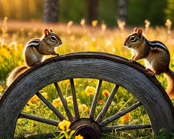 Chipmunks on Rustic Wheel in Sunlit Meadow