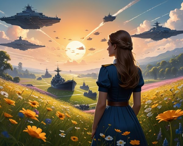 Young Woman in Blue Dress Amidst Futuristic Landscape