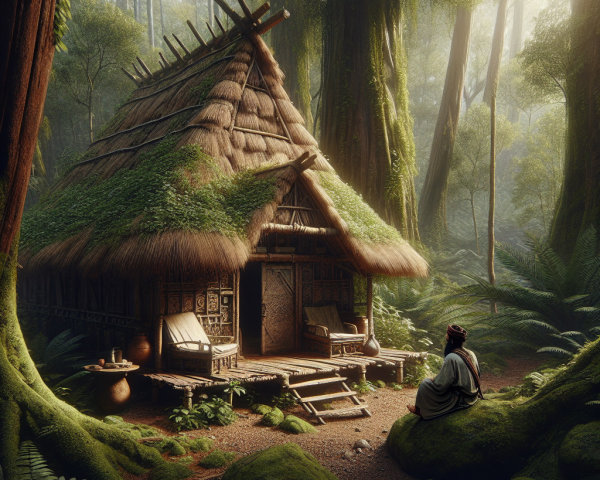 Wooden hut in a vibrant forest with tranquil surroundings