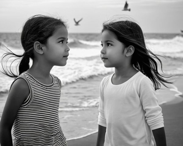 Young girls on a beach in black and white photography
